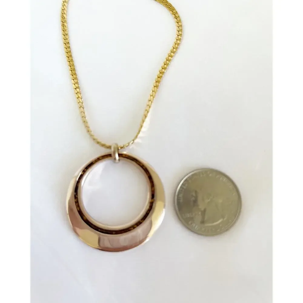 VINTAGE Rose Gold Circle Necklace w Crystal Embedded Details Herringbone Chain